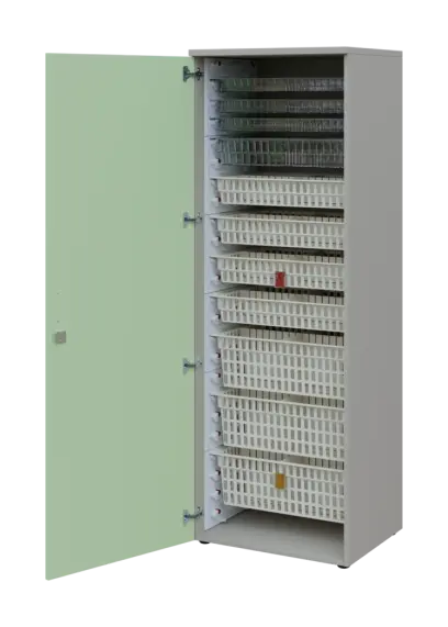 EUROMEDICA D - 66 skříň léková boxová, 1-dveřová, levá, 1950x660x535, korpus šedý, dvířka šedo-zelinkavá